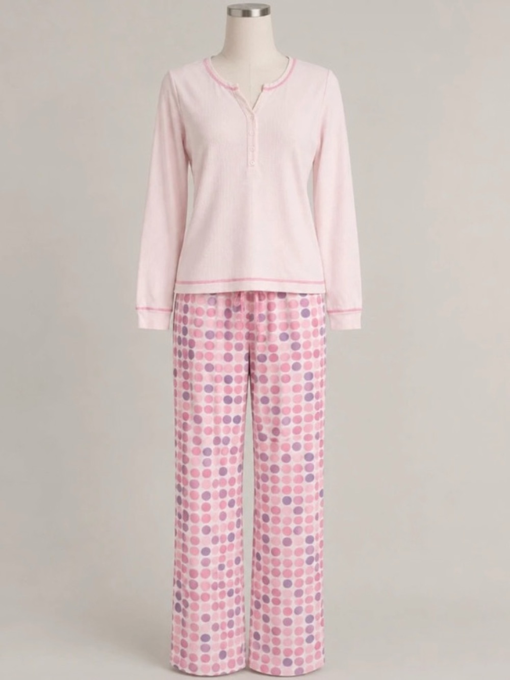 Women's Pink Henley Pajama Set with Polka Dot Lounge Pants